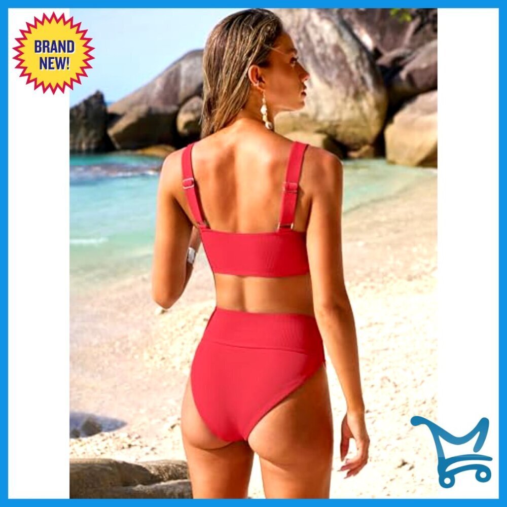 High Waisted Ribbed Bikini Set Adjustable Straps Tummy Control Slim Fit Summer - Picture 5 of 7